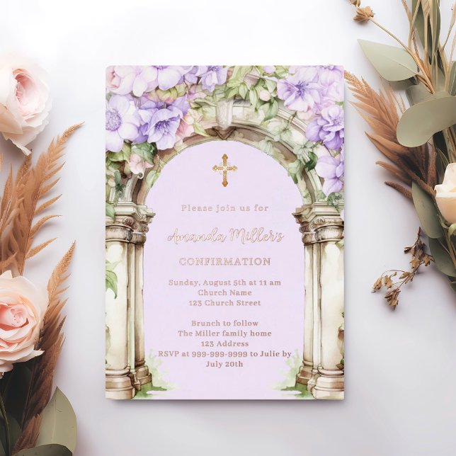 Lavender florals arch beige rose gold Confirmation Foil Invitation (Creator Uploaded)