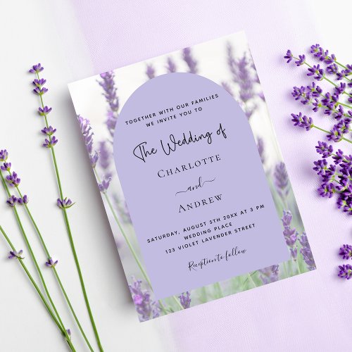 Lavender florals arch budget wedding invitation