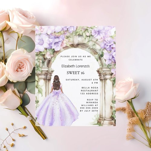 Lavender florals arch dress Sweet 16 invitation