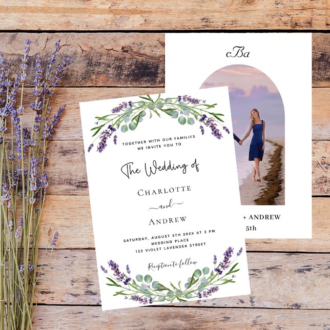 Lavender florals arch photo monogram wedding invitation (Creator Uploaded)