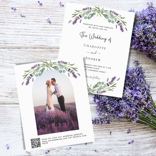 Lavender florals arch photo QR RSVP budget wedding