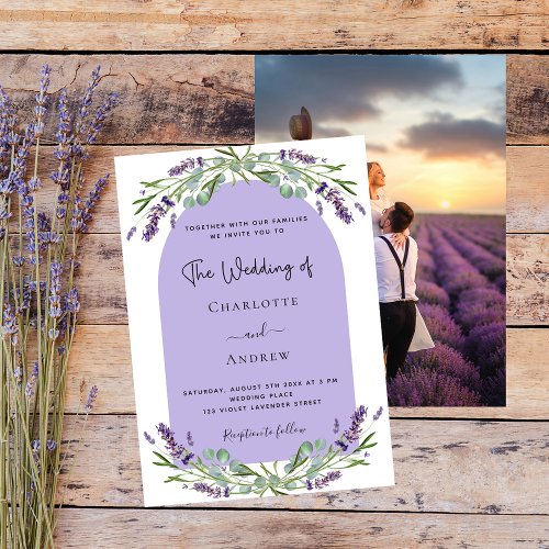 Lavender florals arch photo violet luxury wedding invitation