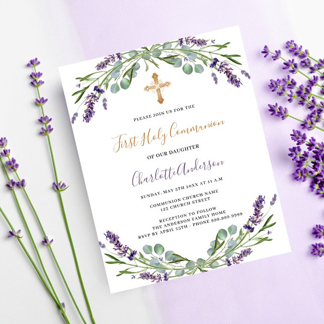 Lavender florals budget First Communion invitation (Creator Uploaded)