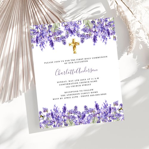 Lavender florals budget First Communion invitation