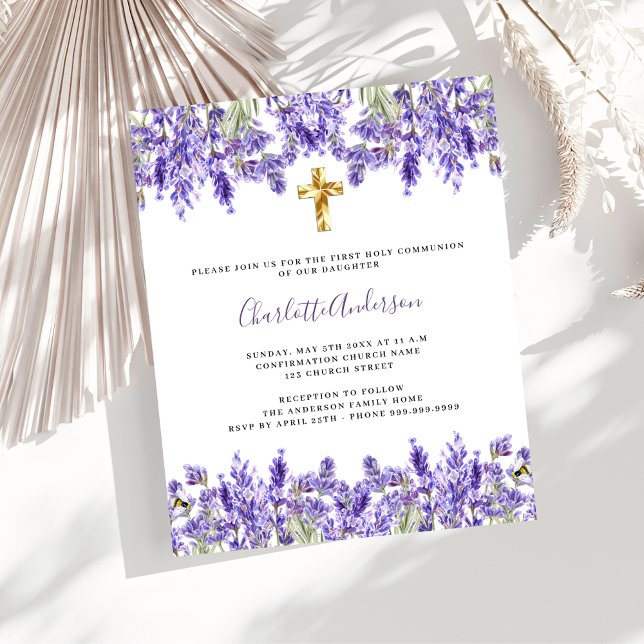 Lavender florals budget First Communion invitation (Creator Uploaded)