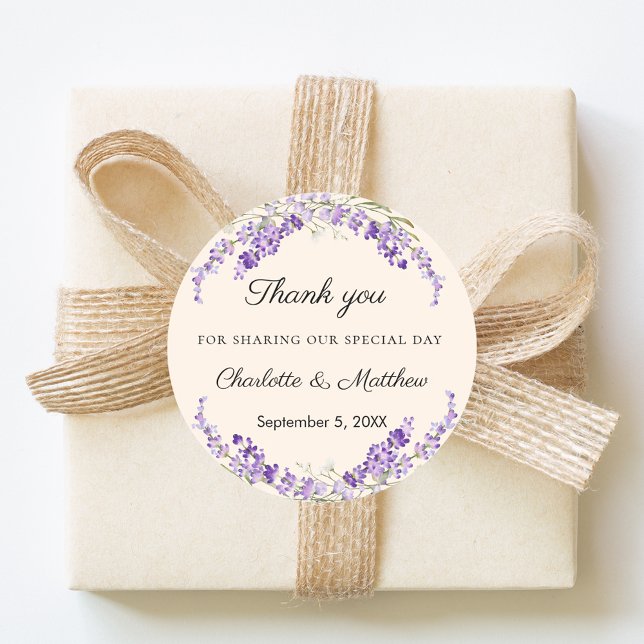 Lavender florals cream champagne wedding thank you classic round sticker (Creator Uploaded)