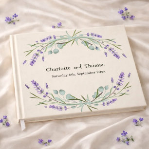 Lavender florals eucalyptus beige sand wedding  guest book
