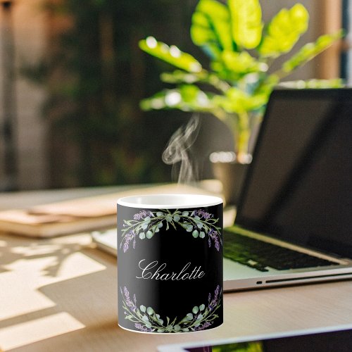 Lavender florals eucalyptus greenery black name  coffee mug