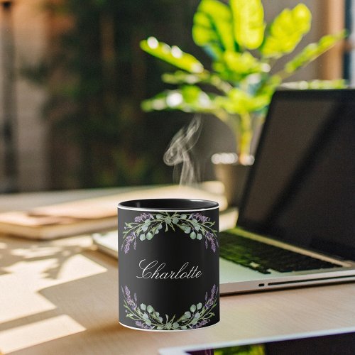 Lavender florals eucalyptus greenery black name mug