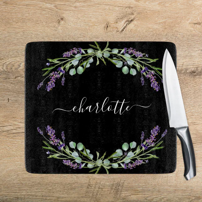 Discover Lavender florals eucalyptus greenery name black cutting board