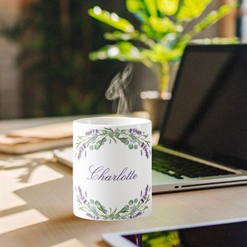 Lavender florals eucalyptus greenery name coffee mug