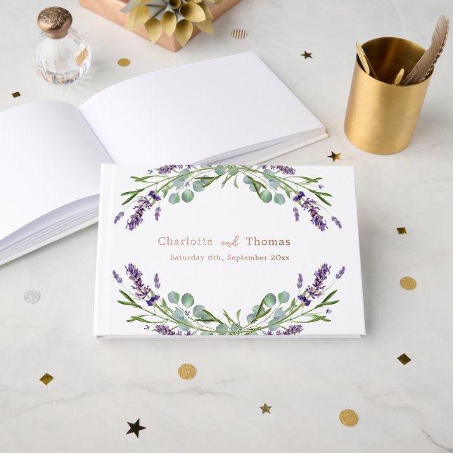 Lavender florals eucalyptus rose gold wedding  foil guest book  (Front Open)
