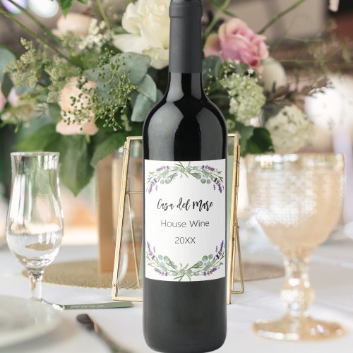 Lavender florals greenery house wine wine label