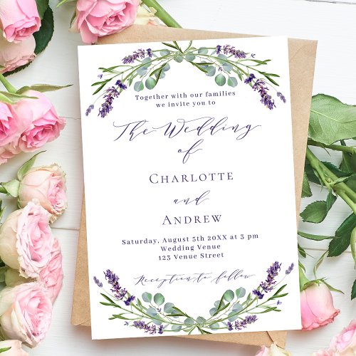 Lavender florals greenery purple script wedding  invitation