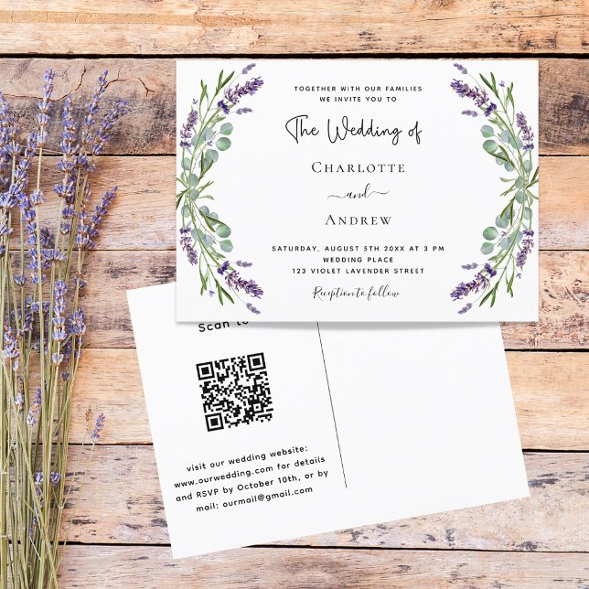Lavender florals greenery QR code RSVP wedding Invitation Postcard (Creator Uploaded)