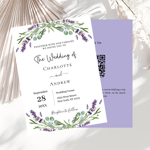 Lavender florals greenery QR RSVP luxury wedding  Invitation