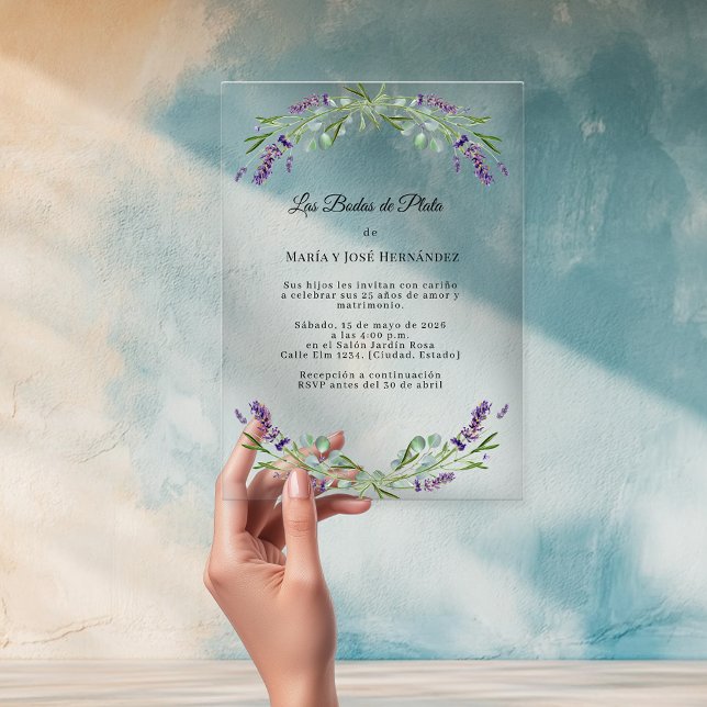 Lavender Florals Invitación Bodas de Plata Acrylic Invitations (Creator Uploaded)