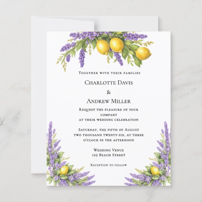 Lavender florals lemons wedding invitation (Front)