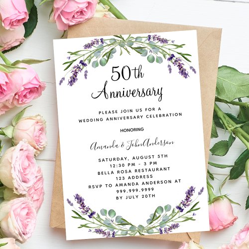 Lavender florals luxury 50th wedding anniversary invitation