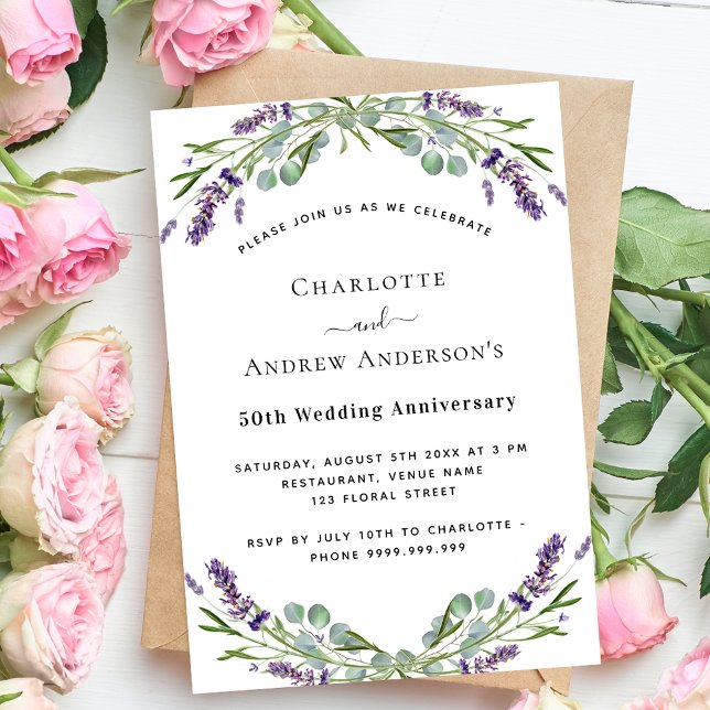 Lavender florals luxury 50th wedding anniversary invitation (Creator Uploaded)