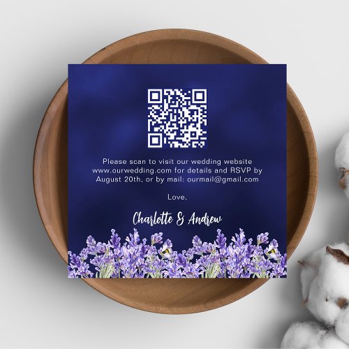 Lavender florals navy blue QR code wedding RSVP Enclosure Card