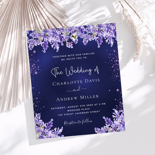 Lavender florals navy blue wedding invitation