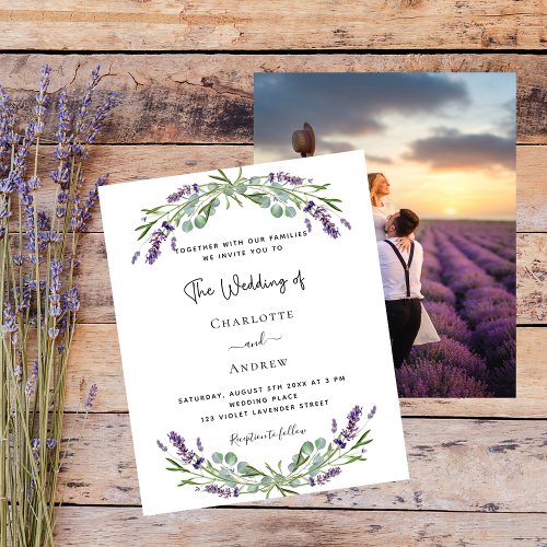 Lavender florals photo budget wedding invitation