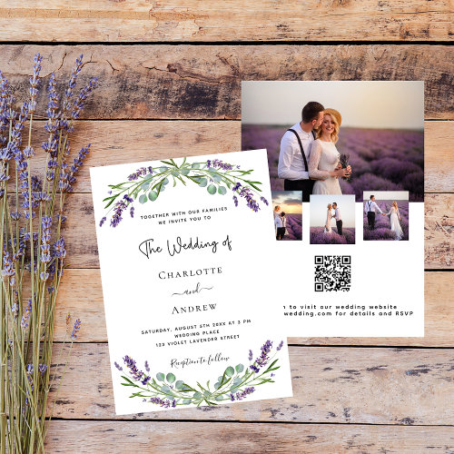 Lavender florals photo collage QR RSVP wedding Invitation
