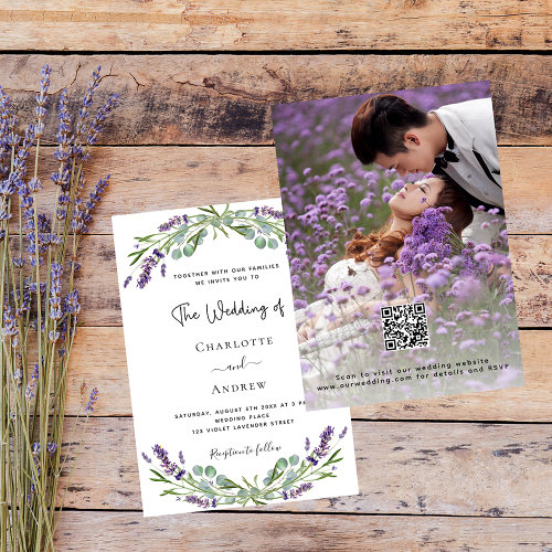 Lavender florals photo QR RSVP luxury wedding Invitation