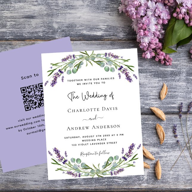 Lavender florals QR RSVP budget wedding invitation (Creator Uploaded)