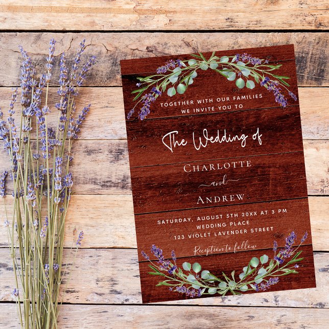 Lavender florals rustic brown wood wedding  invitation (Creator Uploaded)