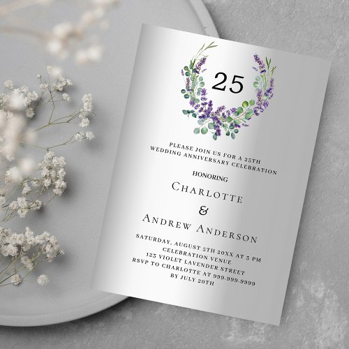 Lavender florals silver 25th wedding anniversary invitation