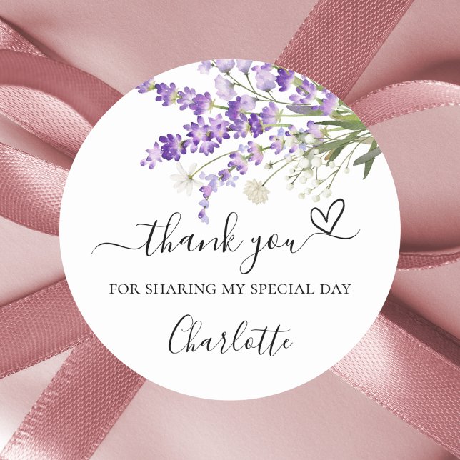 Lavender florals thank you heart classic round sticker (Creator Uploaded)