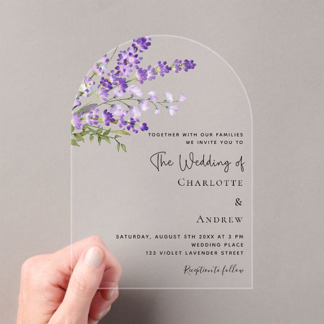 Lavender florals violet clear arch wedding  acrylic invitations (Insitu (Handheld))
