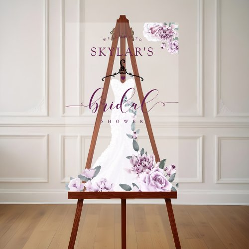 Lavender Florals White Wedding Dress Bridal Shower Acrylic Sign