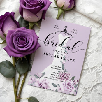Lavender Florals White Wedding Dress Bridal Shower Invitation by moodthology at Zazzle