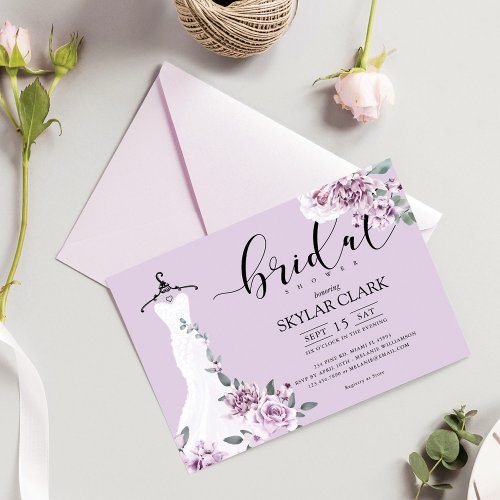 Lavender Florals White Wedding Dress Bridal Shower Invitation