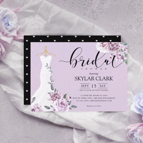 Lavender Florals White Wedding Dress Bridal Shower Invitation