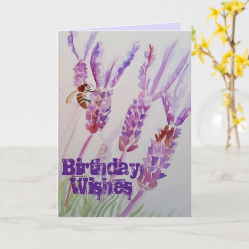 Lavender Flower and Bee Watercolor Art Card