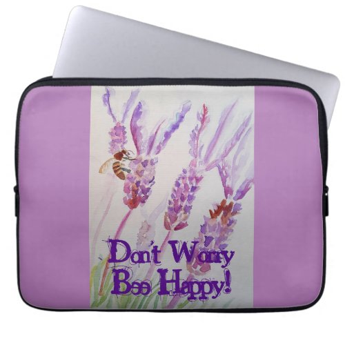 Lavender Flower and Bee Watercolor Be Happy Laptop Sleeve
