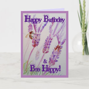 Lavender Flower and Bee Watercolor Birthday Card