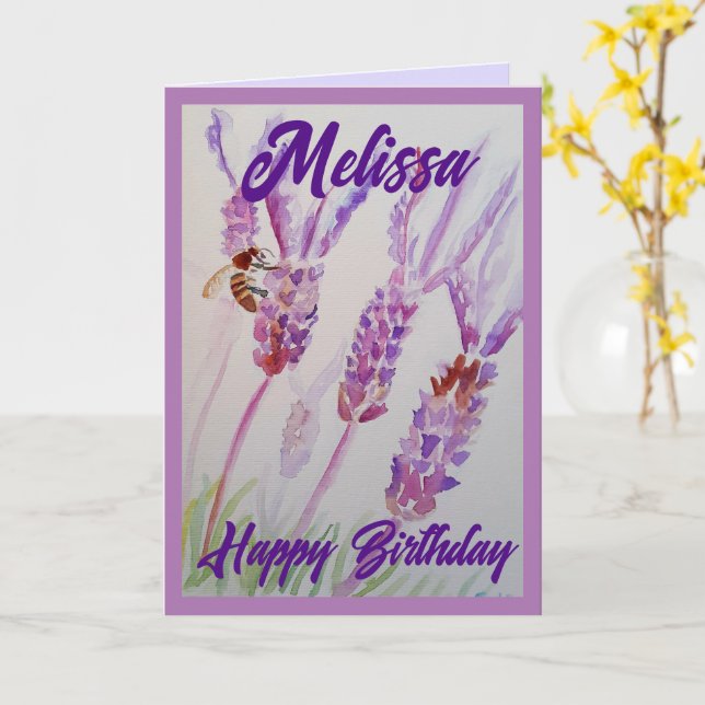 Lavender Flower and Bee Watercolor Birthday Card (Yellow Flower)