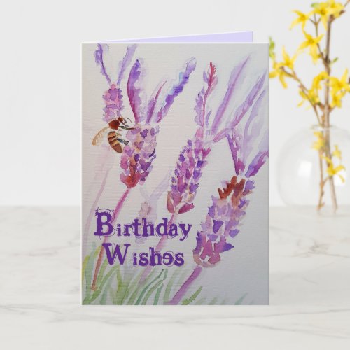 Lavender Flower and Bee Watercolor Birthday Card