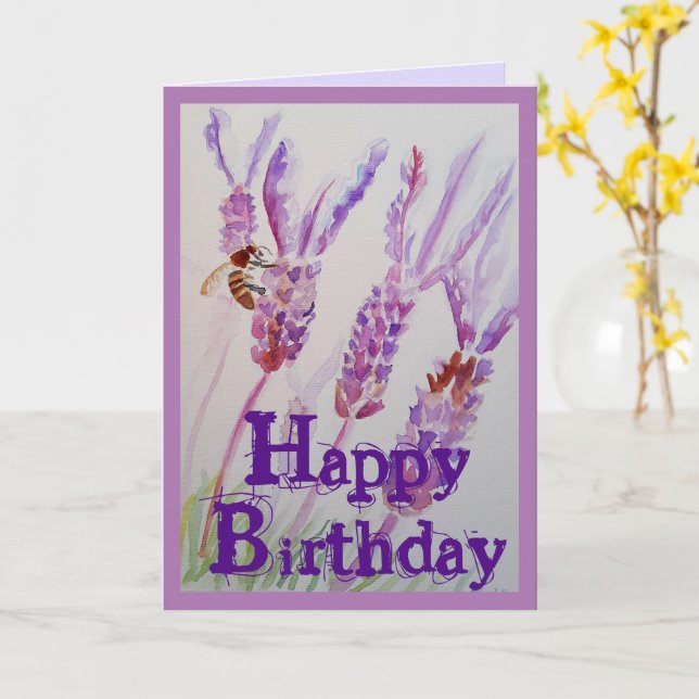 Lavender Flower and Bee Watercolor Birthday Card (Yellow Flower)