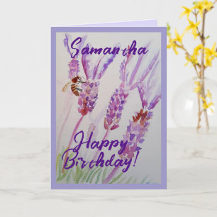Lavender Flower and Bee Watercolor Birthday Card