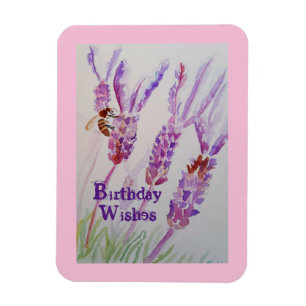 Lavender Flower and Bee Watercolor Birthday Card Magnet