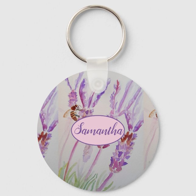 Lavender Flower and Bee Watercolor Birthday Mug Keychain (Front)
