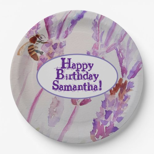 Lavender Flower and Bee Watercolor Birthday Paper Plates