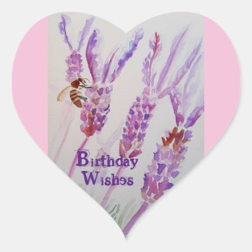 Lavender Flower and Bee Watercolor Birthday  Squar Heart Sticker