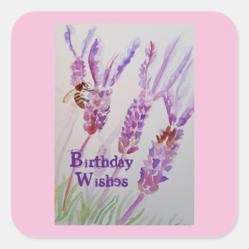 Lavender Flower and Bee Watercolor Birthday  Square Sticker